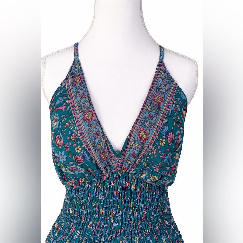 Boho Floral Smocked Waist Maxi Dress L Beach Festival Resort - Picture 4 of 6